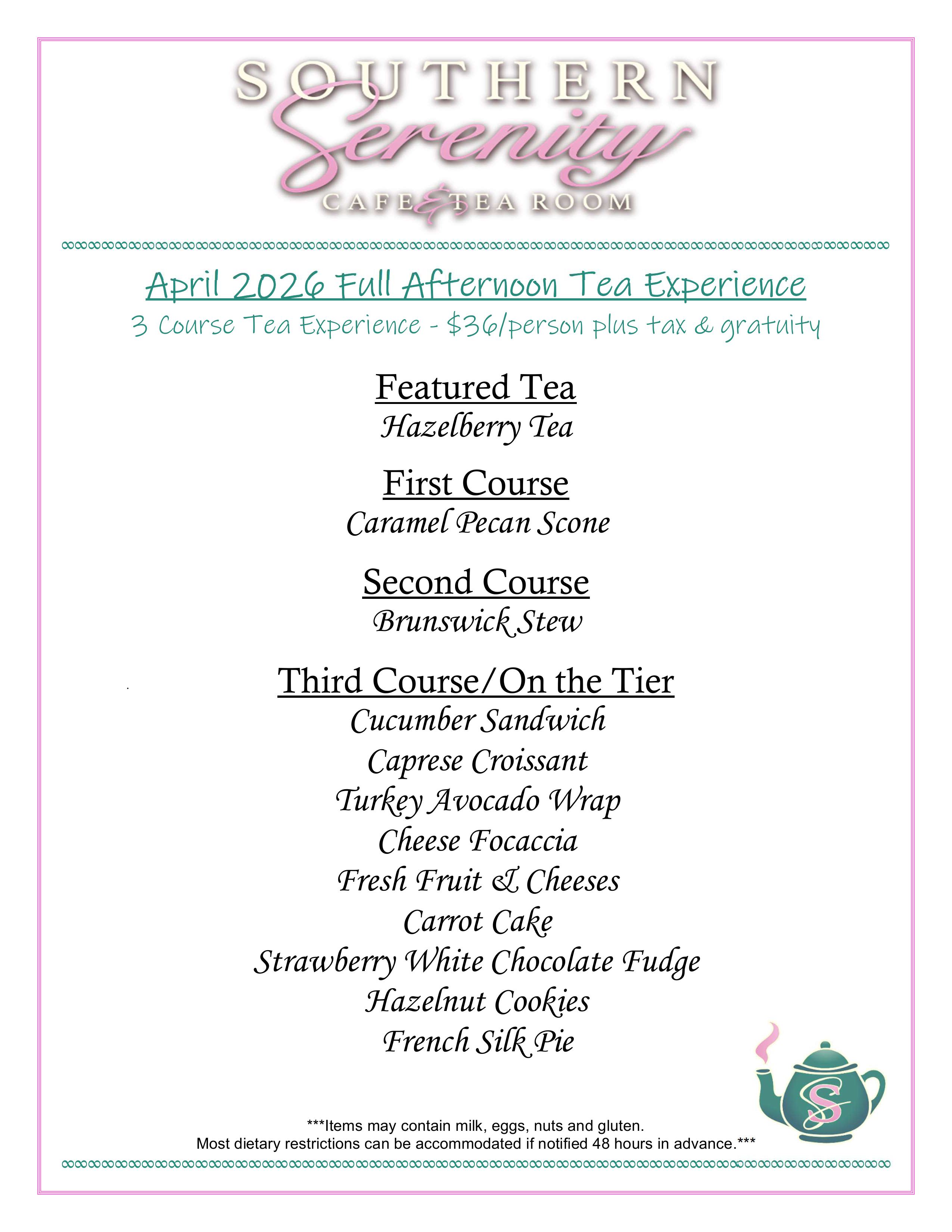 Southern Serenity April Afternoon Tea Menu 2026