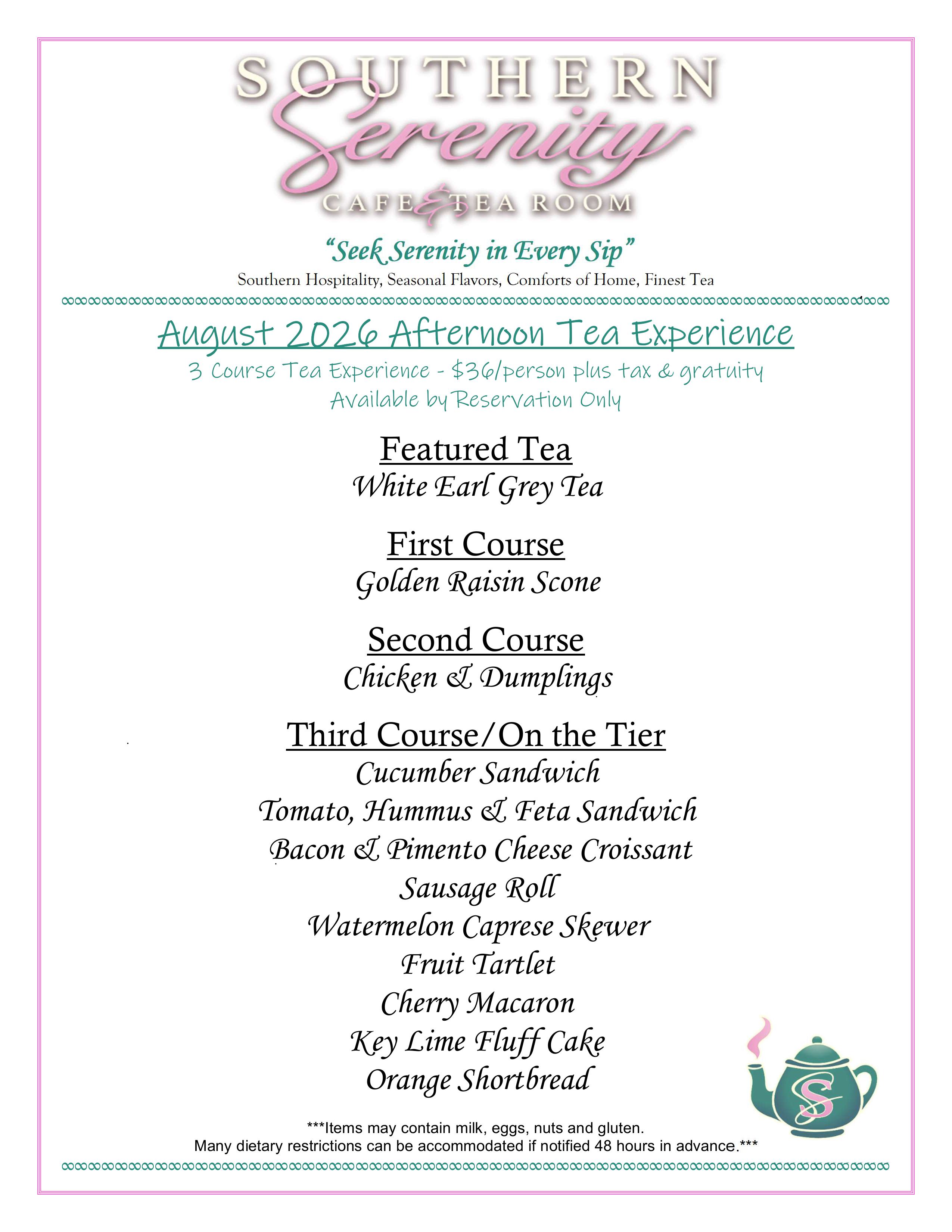Southern Serenity August Afternoon Tea Menu 2026