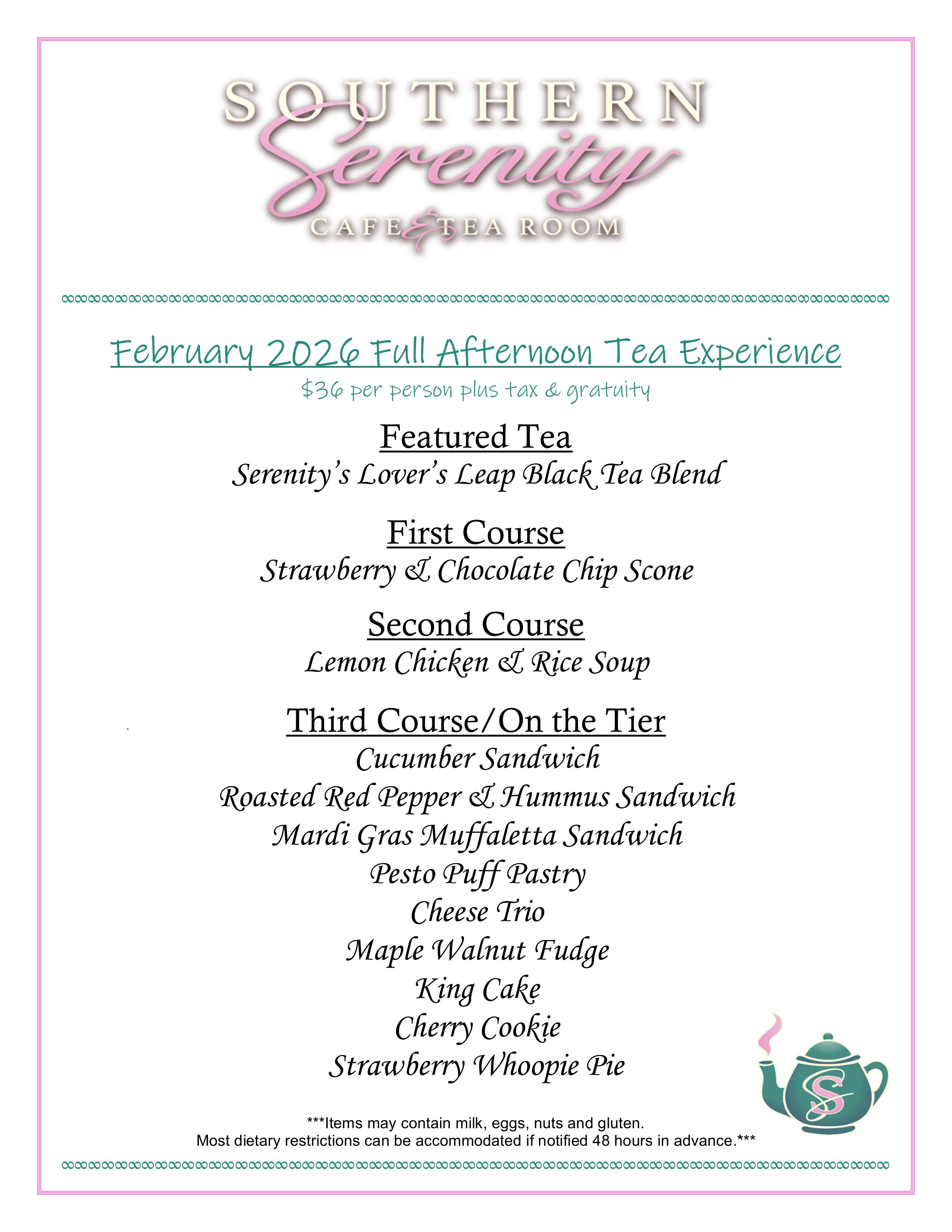 Southern Serenity February Afternoon Tea Menu 2026