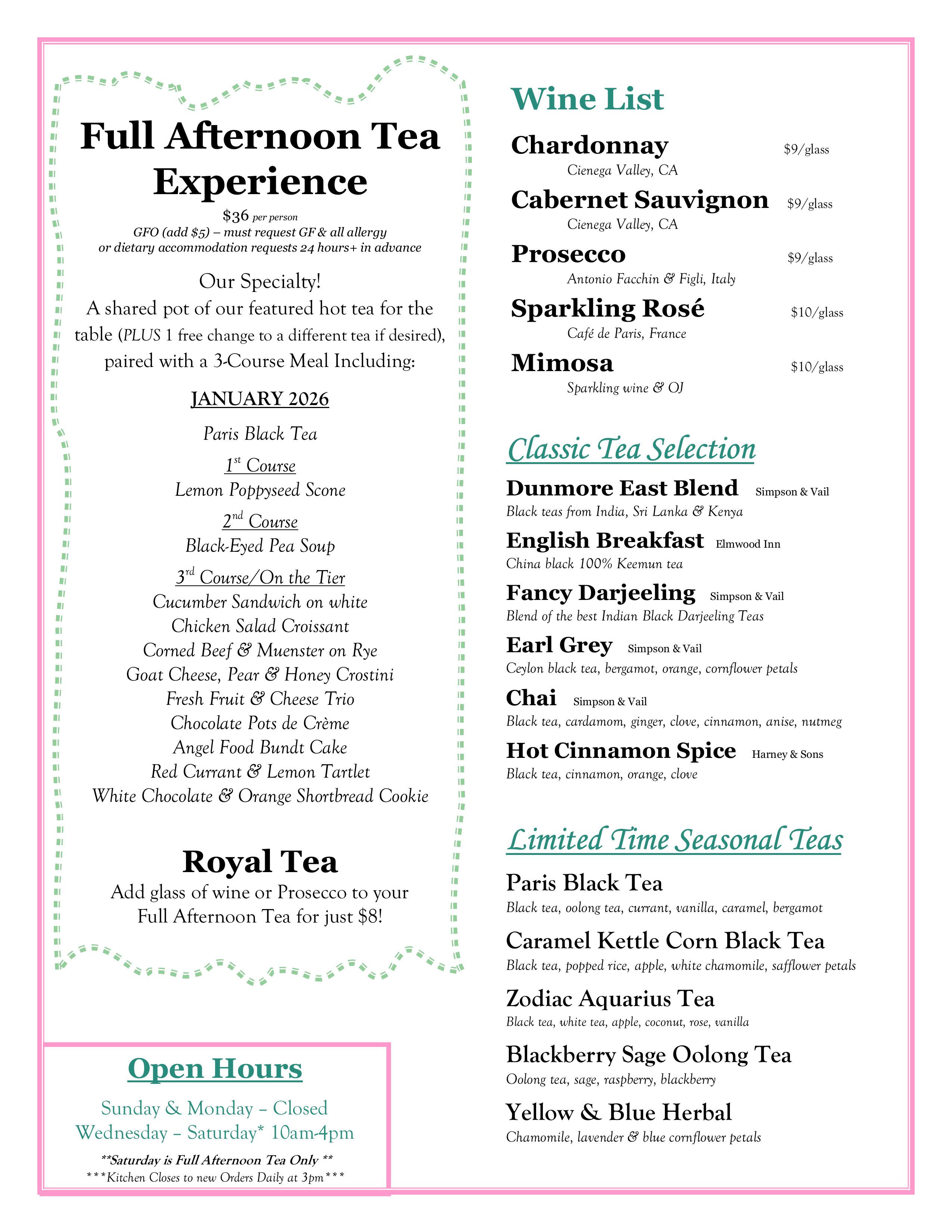 Southern Serenity January Afternoon Tea Menu 2026
