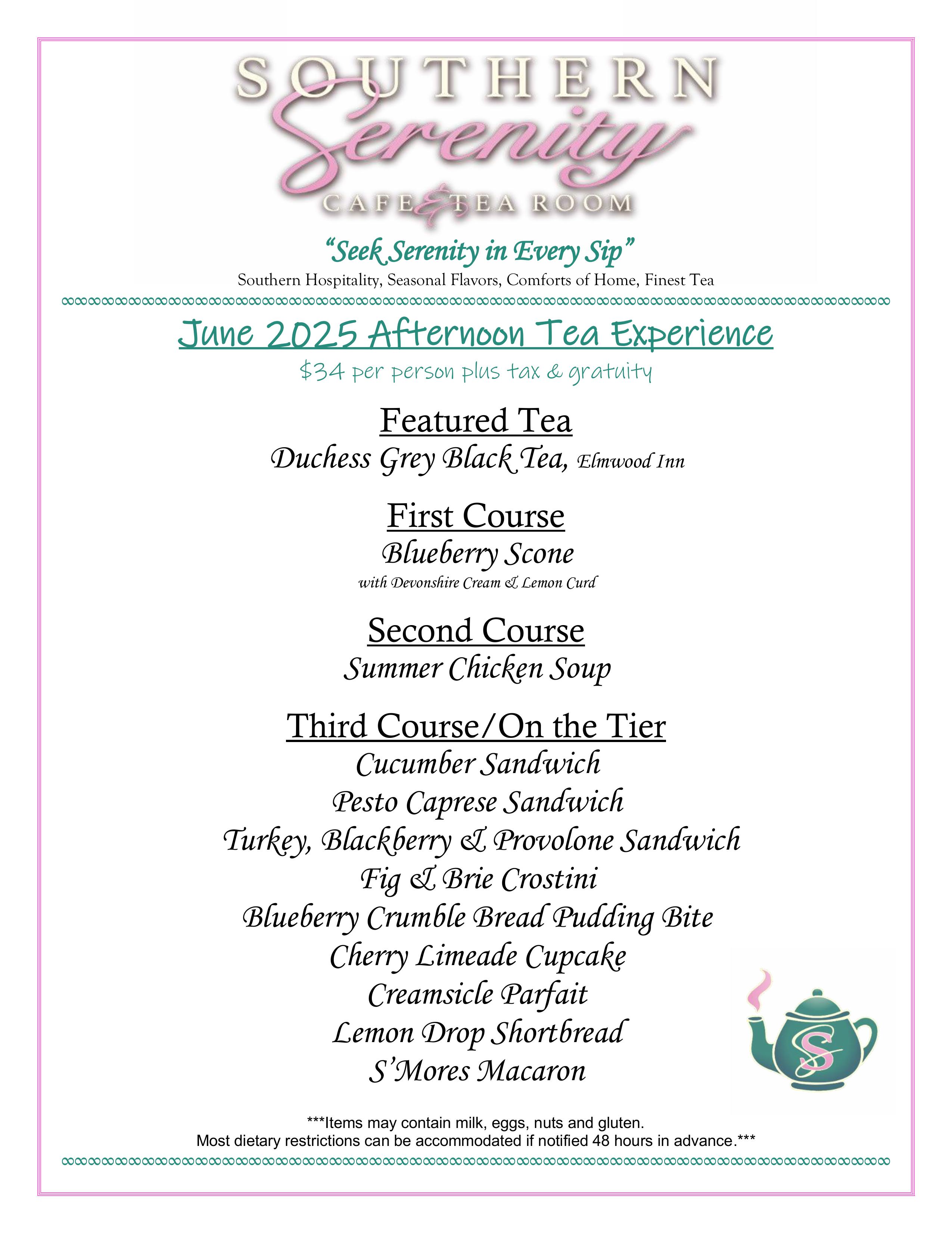 Southern Serenity June Afternoon Tea Menu 2025