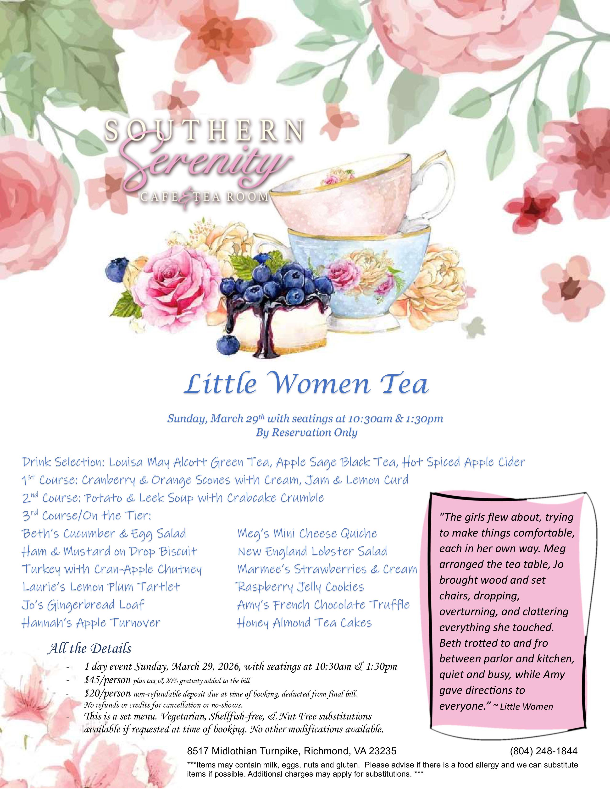 Southern Serenity Little Women Event Menu 2026