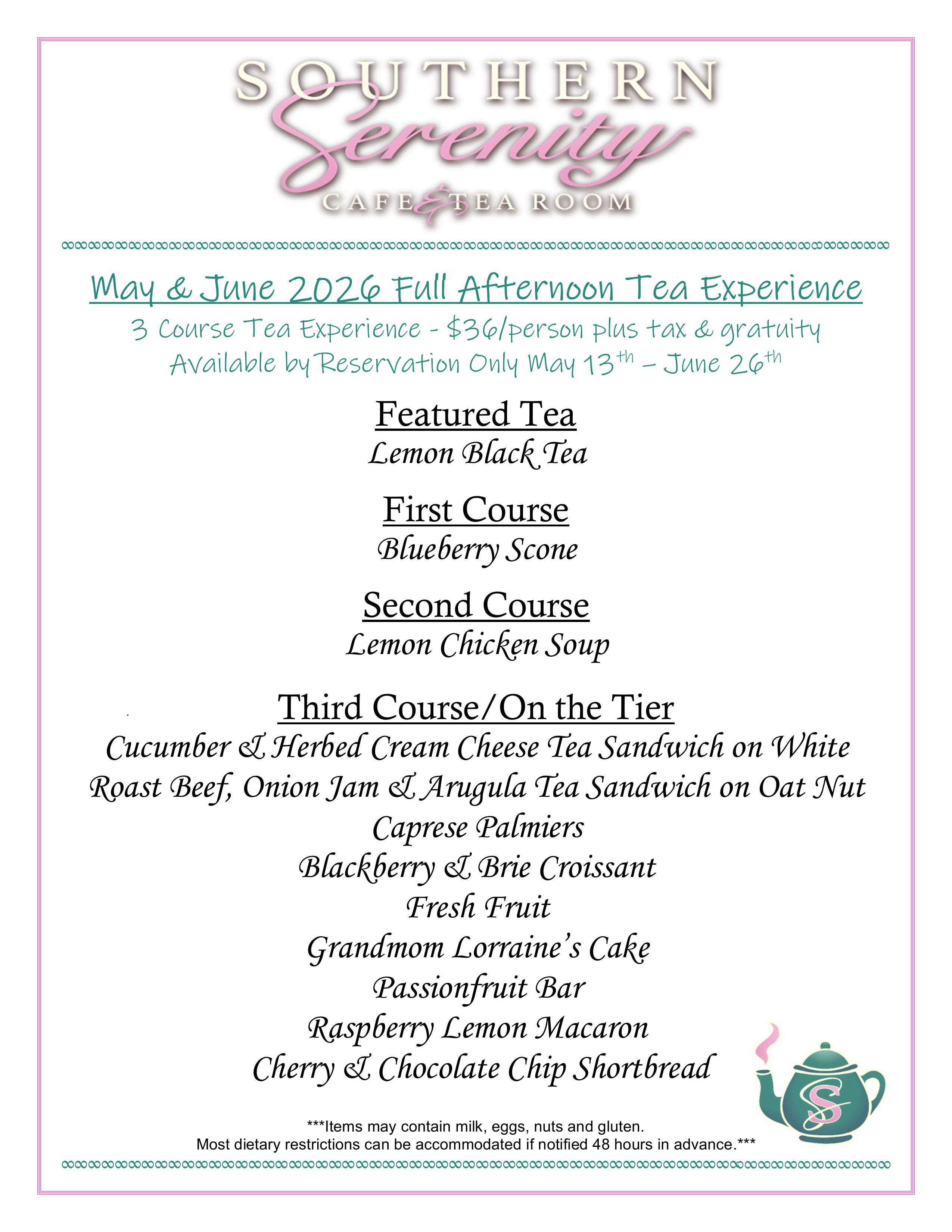 Southern Serenity Spring Afternoon Tea Menu 2026