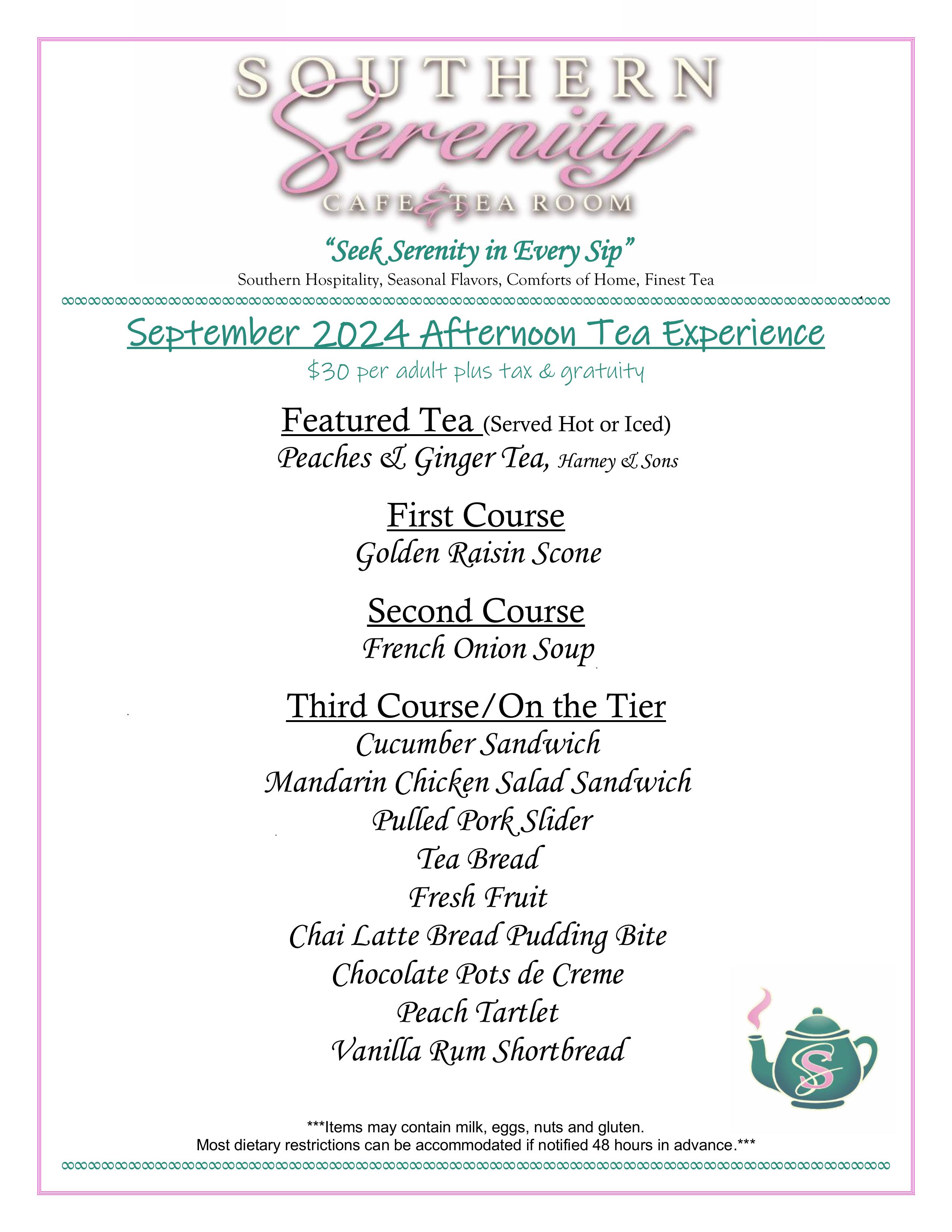 Southern Serenity September Afternoon Tea Menu 2024