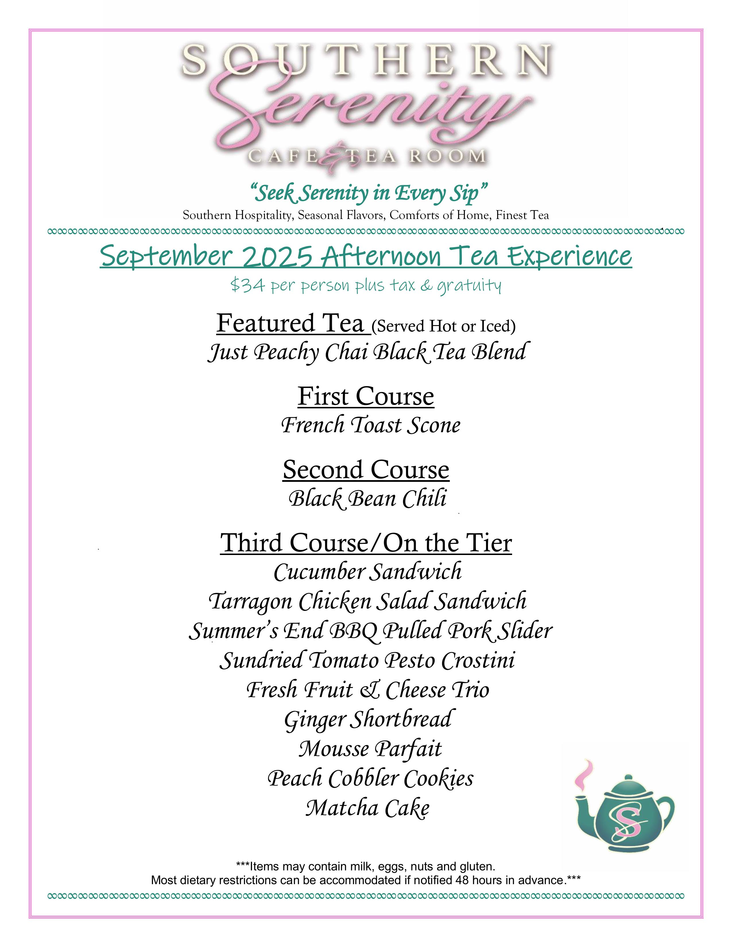 Southern Serenity September Afternoon Tea Menu 2025