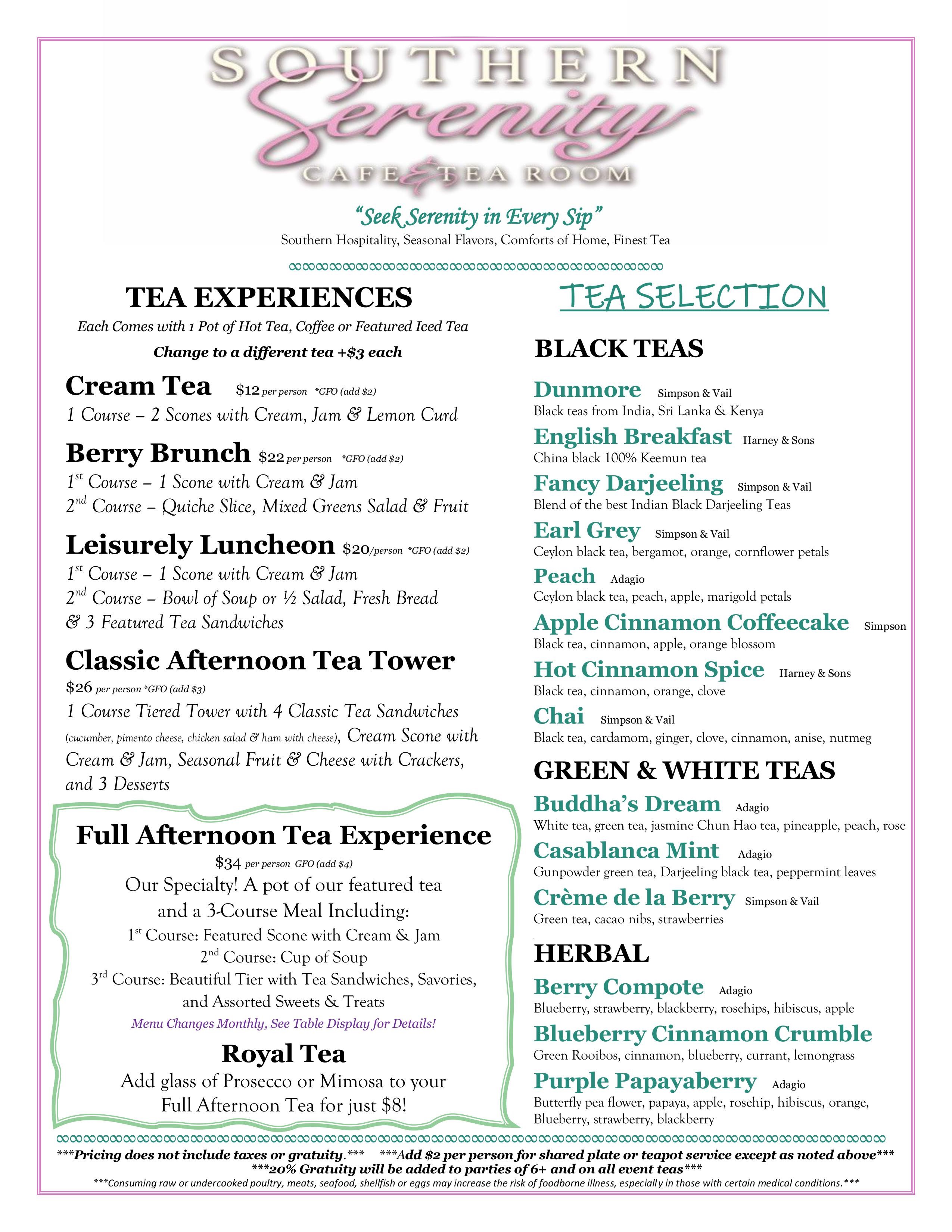 Southern Serenity Spring Tea Experiences Menu 2025
