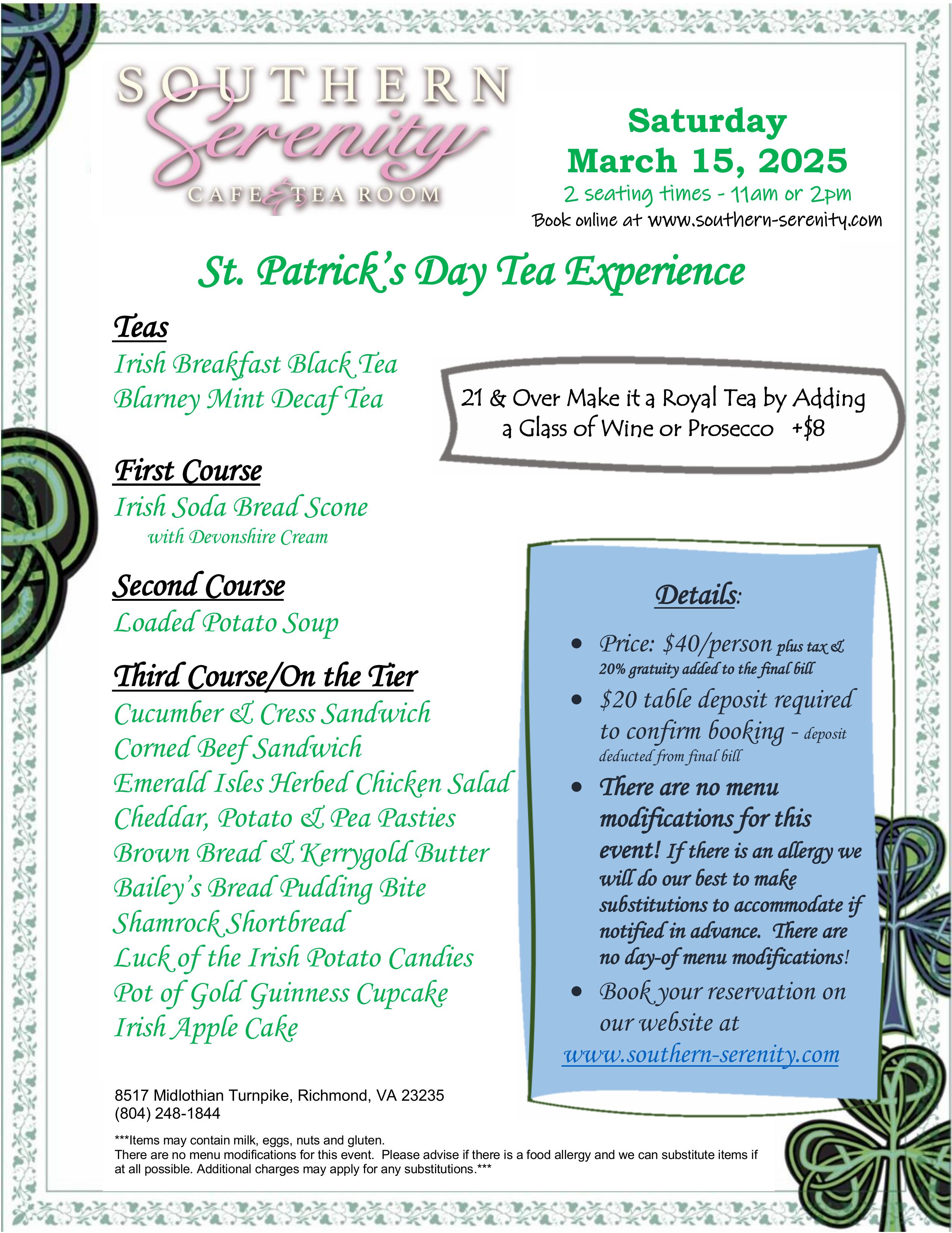 Southern Serenity St. Patrick's Day Event Menu 2025