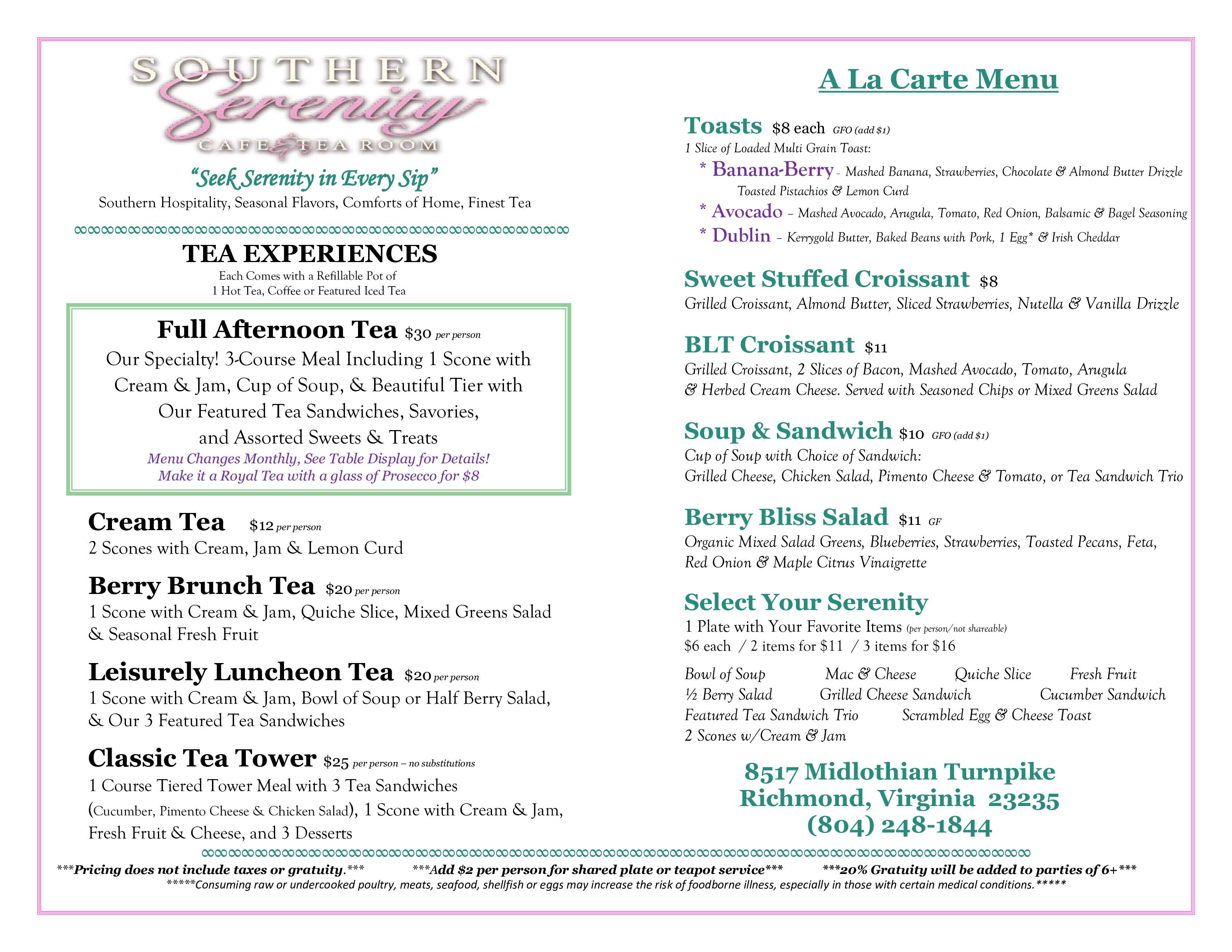 Southern Serenity Summer Menu 2024