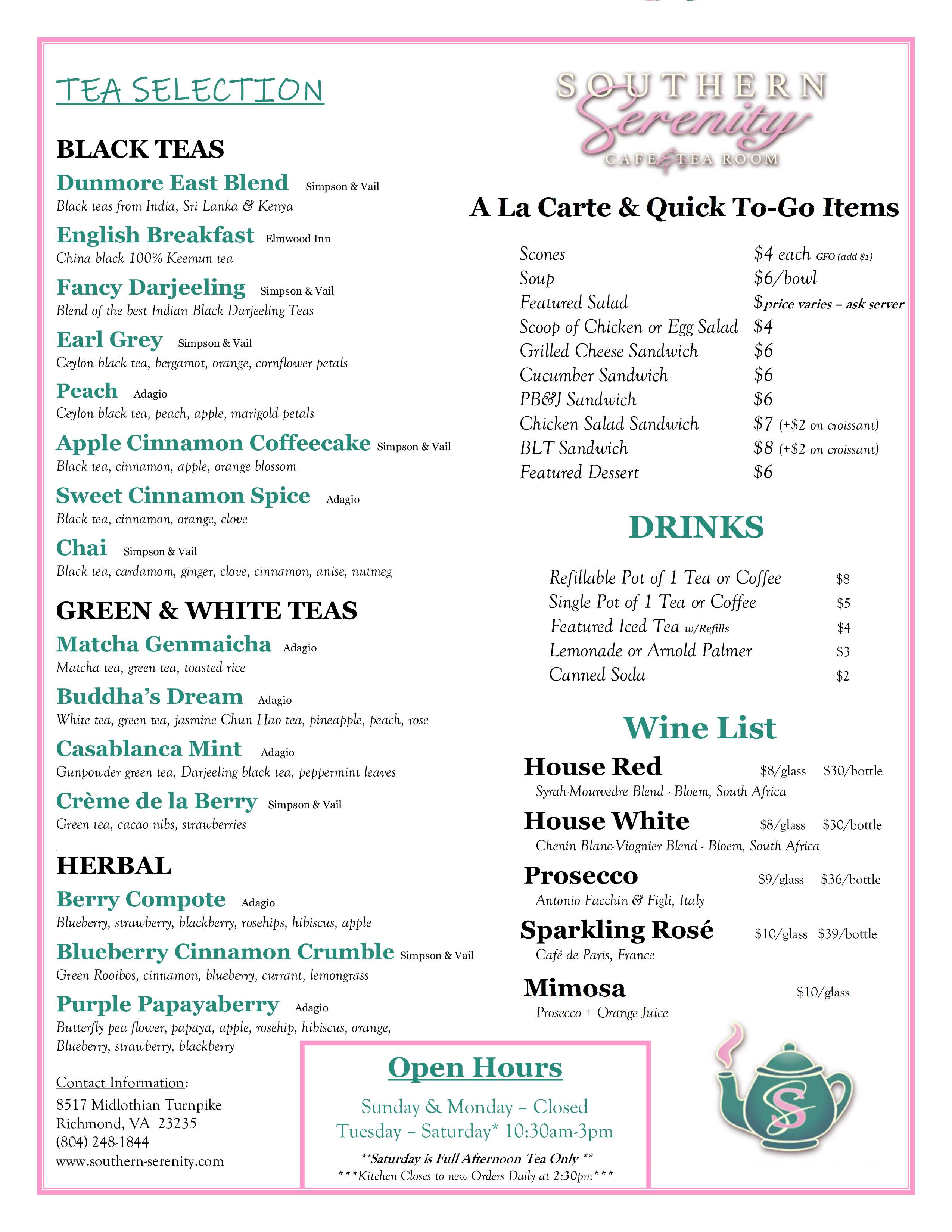 Southern Serenity Summer 2025 Menu