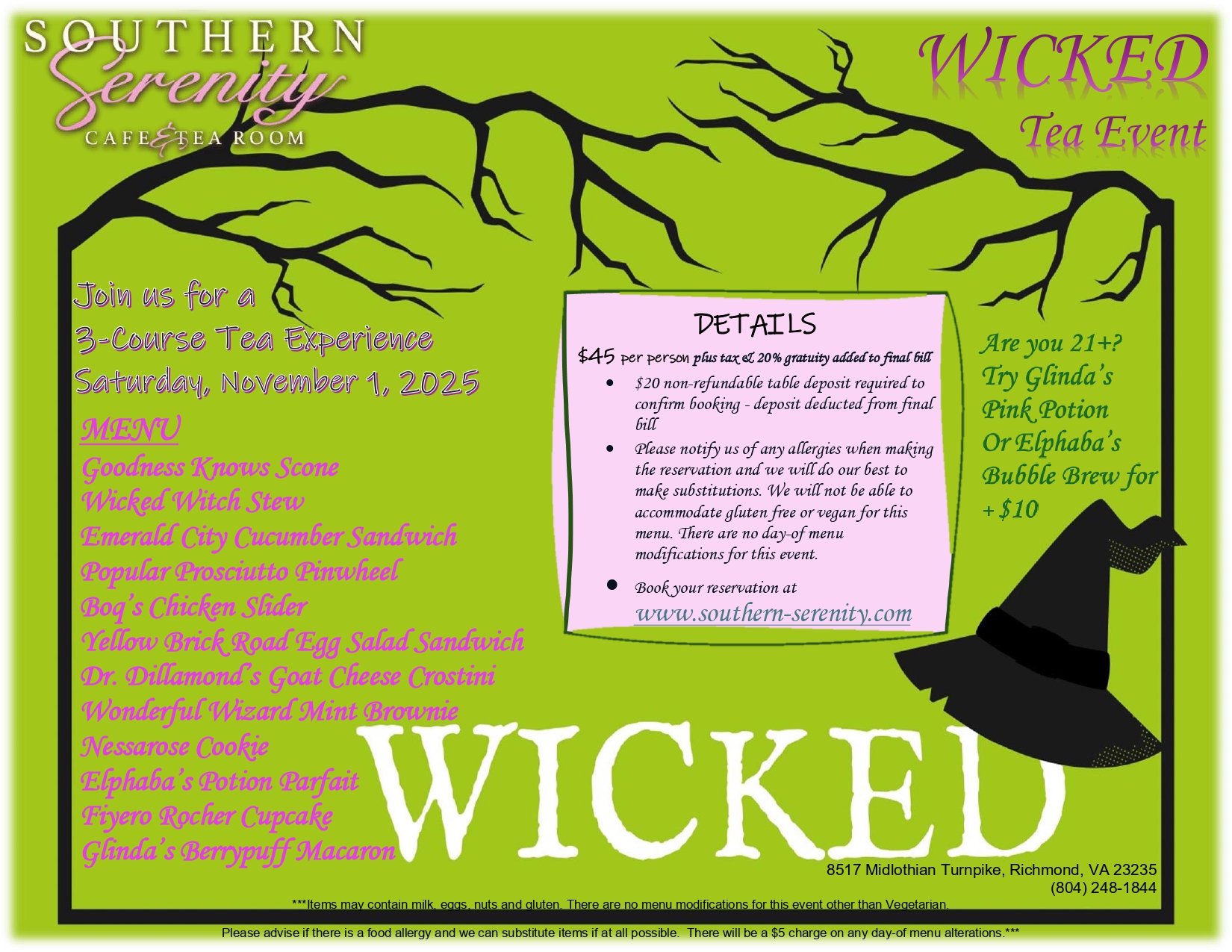 Southern Serenity Wicked Tea Event Menu 2025
